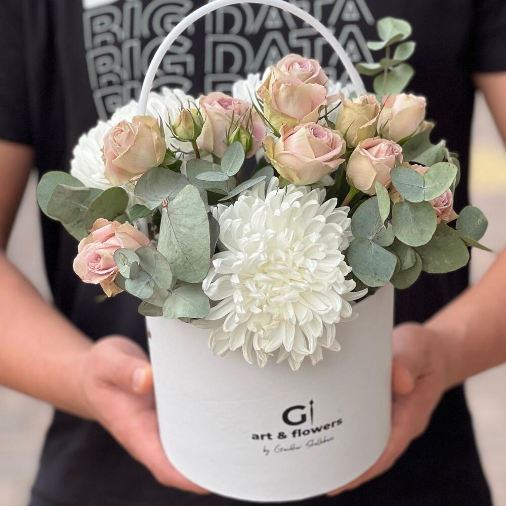 Цветы в коробке из Гортензии ,Кустовых Роз и Эвкалипта + открытка ручной работы в подарок